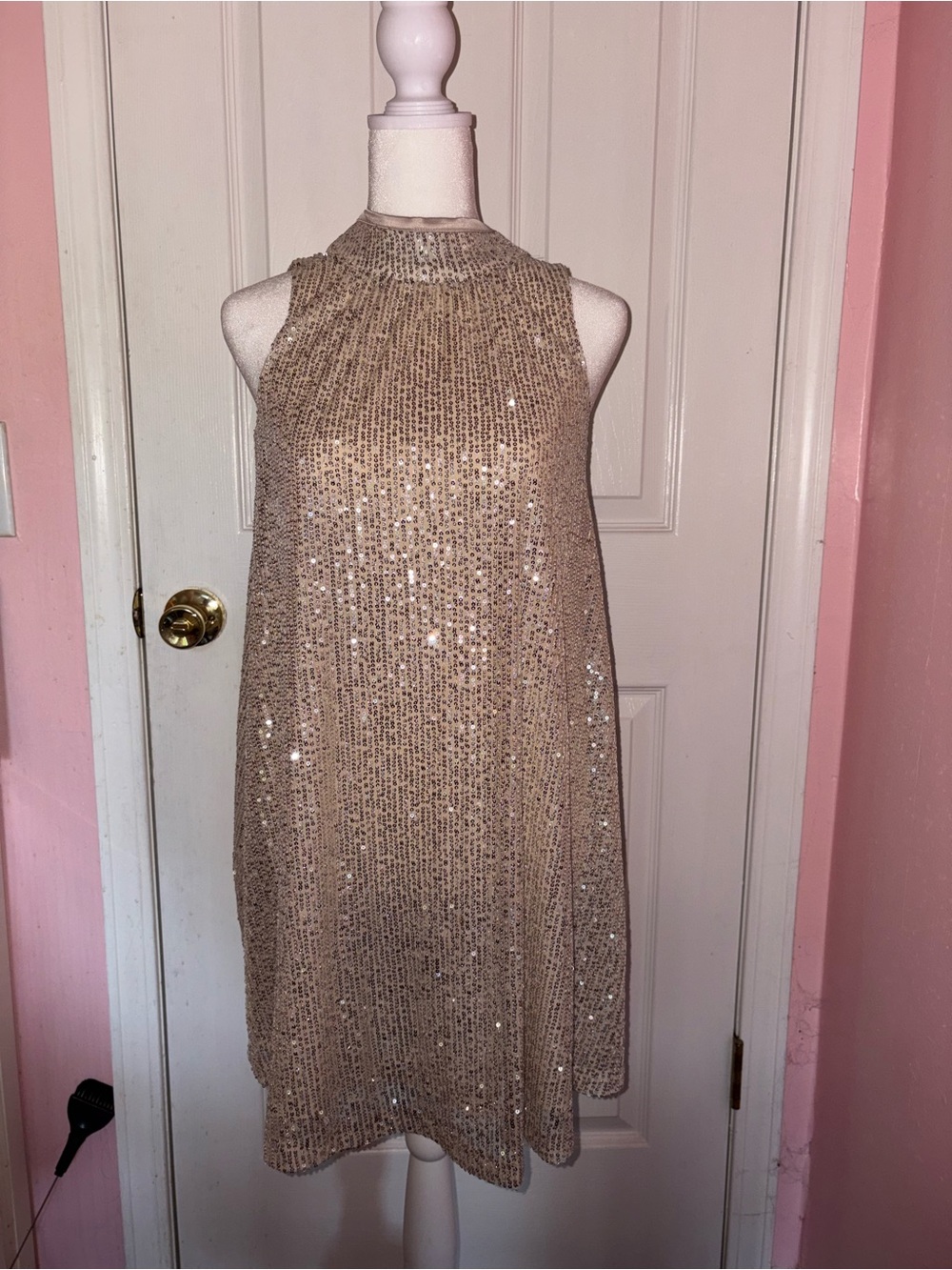 Sequin Mock-Neck Swing Dress in Champagne